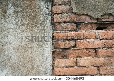 Joint wall between old concrete and brick texture surface ,background