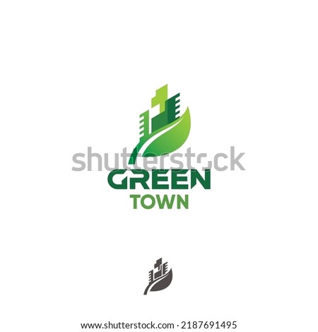 Green city ecology energy houses trees buildings leaf vector logo