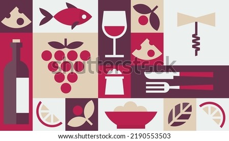 WINE geometric background vector bottle knife fork glass corkscrew fish fruit food menu restaurant cafe