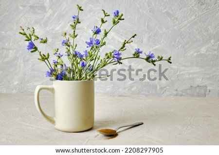 a spoon with chicory powder and chicory flowers in a coffee mug. High quality photo Сток-фото © 