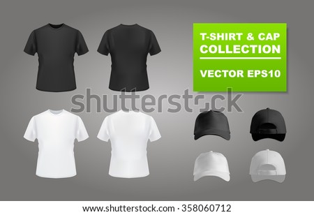 Black and white t-shirt and baseball cap set, front and back view, vector eps10 illustration