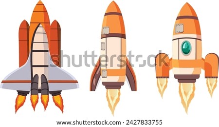 Cartoon rocket space ship take off, isolated vector illustration