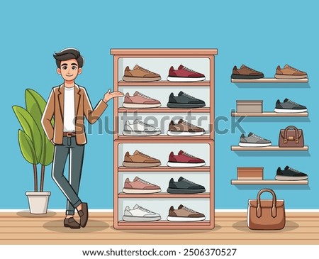 Customers are being shown a wide array of classic and athletic shoes by the salesperson inside the store. Pro Vector