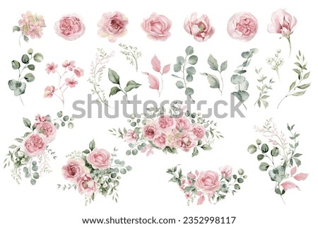 Similar – Image, Stock Photo Watercolor light pink flowers and green leaves bouquet, pastel arrangement illustration