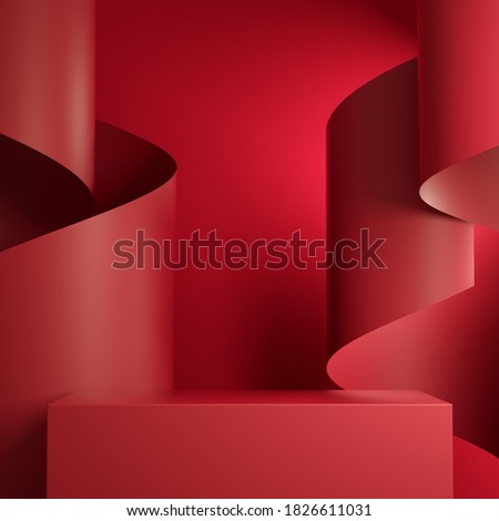 Premium Minimal  Podium Red Retangle Box Stage With Red Paper Ribbon Curve Abstract Background Scene 3d Render
