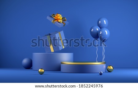 Mockup Minimal Celebrate Blue Podium With Golden Top And Gift Box Abstract Background 3d Render