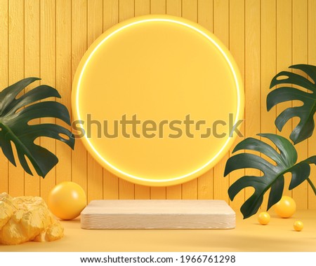 Modern Minimal Wood Display Podium With Neon Light And Monstera Plant Natural Concept Abstract Background 3d Render