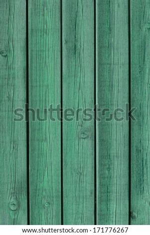 Wooden pine boards lying together in green color with lines and knots