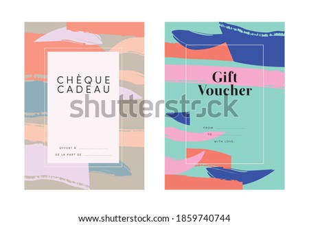 Modern gift voucher gift certificate coupon vector set. Editable template. Fashionable abstract style trendy layout. Arty brush stroke pattern. Stylish colors line frame. Copy space with sample text. Zdjęcia stock © 