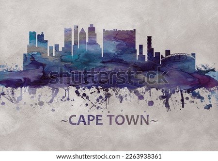 Blue watercolor skyline of  Cape Town a port city on South Africa’s southwest coast, on a peninsula beneath the imposing Table Mountain.