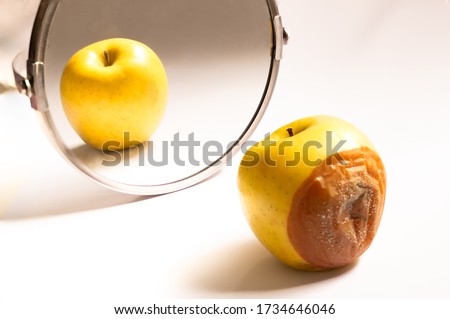 Apple in good condition looking at itself in the mirror while its back is rotten. Psychological concept, deception