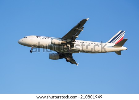 Moscow, Russia - July 13, 2014: The plane of Air France airline comes in the land at the Sheremetyevo airport