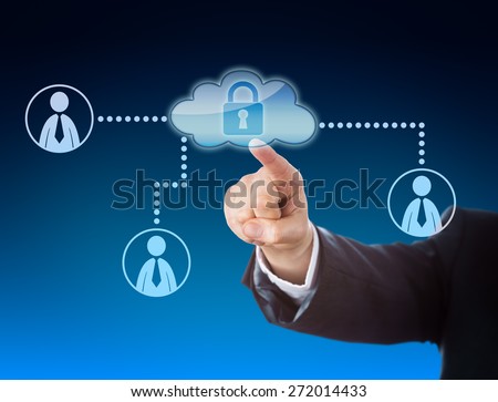 Corporate arm raising index finger to point at cloud access gate in a social network. Business and technology metaphor for cloud computing, social media and hot desk in a corporate setting. Close up.