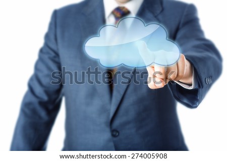 Torso of corporate person in light blue business suit is reaching forward to touch a blank cloud computing icon. Do place your text or artwork into the void symbol! Copy space and white background.