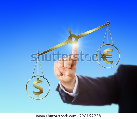 US Dollar sign is outweighing the Euro symbol on a golden balance. Index finger of a businessman is operating this virtual weighing scale in mid-air. Financial metaphor for foreign exchange market.