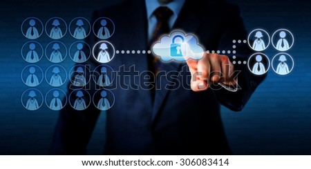 Manager outsourcing the work task of a single female employee via the cloud to a group of four freelancers, two workers of each gender. He is touching a virtual cloud containing a secured padlock.