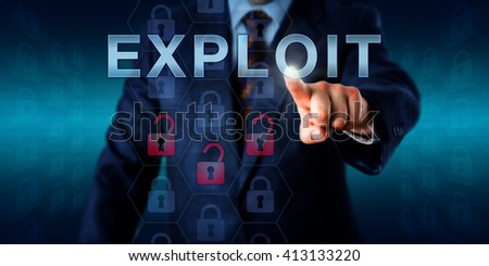 Network administrator touching EXPLOIT on an interactive screen. Business metaphor and information technology concept for software or commands taking advantage of program flaws and security holes. Foto stock © 