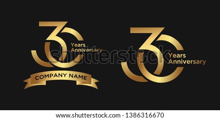 elegant 30 years anniversary logo template with ribbon in gold color, vector file eps 10 text is easy to edit