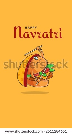 Happy Navratri Design, With Burger Mascot Dancing can be use for poster, banner, billboard, social media design. Portrait orientation. Cartoon Illustration Design, Premium Vector File.