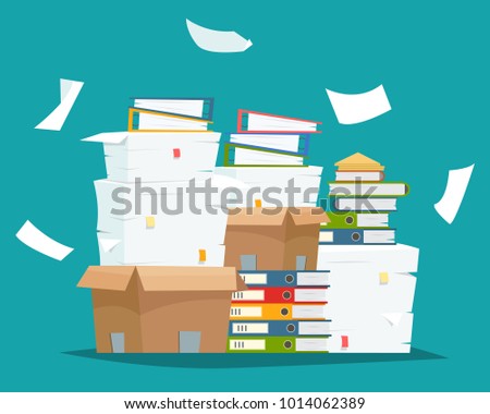 Pile of paper documents and file folders in carton boxes. Paperwork in office. Flat cartoon style vector illustration.