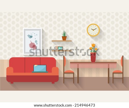 Living room and dining room with furniture and long shadows. Flat style vector illustration.