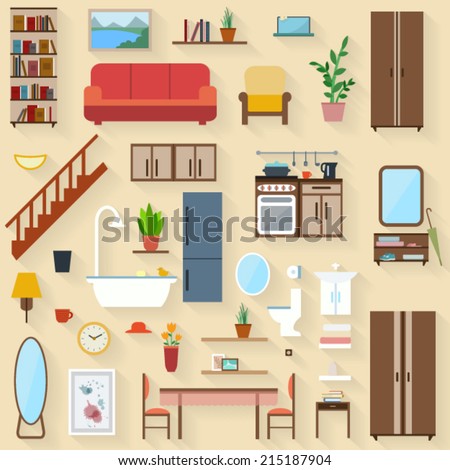 Furniture set for rooms of house. Flat style vector illustration.