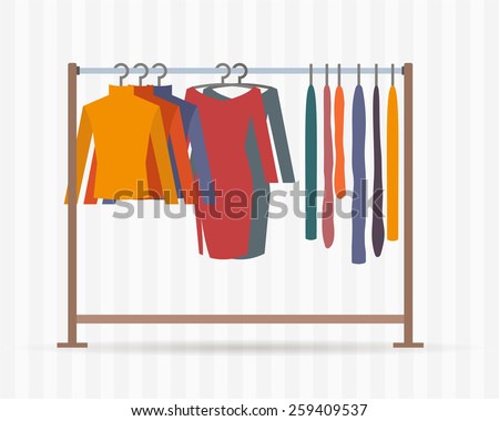 Clothes racks with dresses on hangers. Flat style vector illustration.