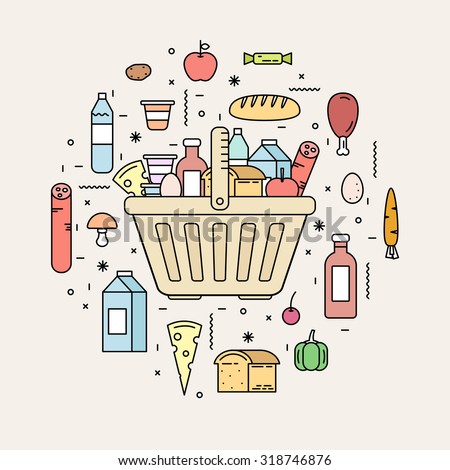 Shopping basket with food products from the store. Milk, bread, sausage, meat, water, oil, sweets, yogurt, eggs. Line style vector illustration.