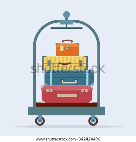 Baggage, luggage, suitcases  on trolley. Flat style vector illustration.