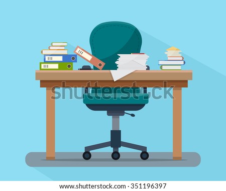 Busy cluttered office table. Hard work. Office interior with books, folders, papers and letters on table. Flat style vector illustration.