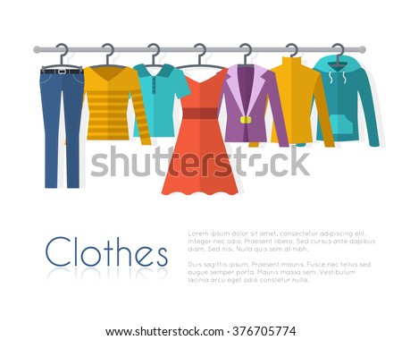 Racks with clothes on hangers. Flat style vector illustration.