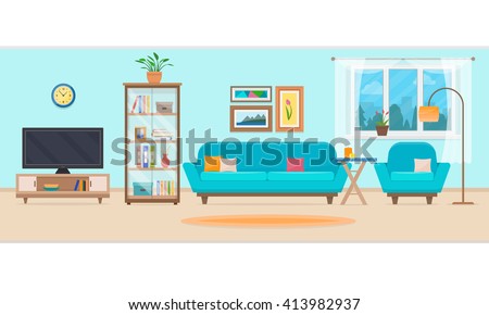 Living room with furniture. Cozy interior with sofa and tv.  Flat style vector illustration.
