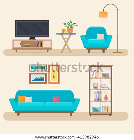 Living room with furniture. Cozy interior with sofa and tv.  Flat style vector illustration.