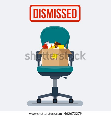 Business chair with box with office things. Dismissed. Fired from job. Flat style vector illustration.