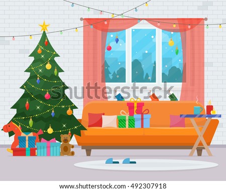 Christmas room interior. Christmas tree, sofa, gifts and decoration. Cozy home holiday. Flat style vector illustration.