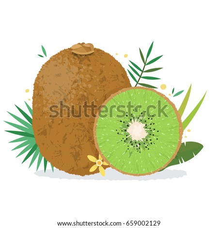 Kiwi with plants and flowers. Fat style vector illustration.