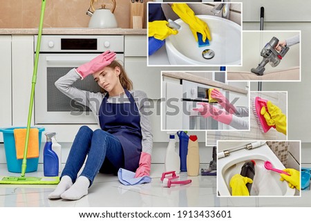 A tired young woman sits on the floor and rests after a long cleaning of the house. The concept of multi-tasking cleaner. ストックフォト © 
