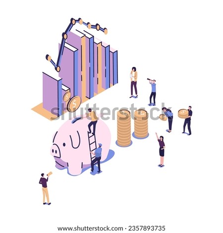 a large piggy bank in the form of a piglet on a white background, financial services, small bankers are engaged in work, saving or accumulating money, a coin box with falling