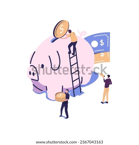 a large piggy bank in the form of a piglet on a white background, financial services, small bankers are engaged in work, saving or accumulating money, a coin box with falling vector