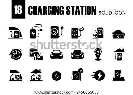 Car Charging Station Related Vector solid Icons. Contains such Icons as Electric socket station, Car plugged to charge, Battery and more. Editable Stroke
