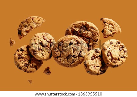 Broken chocolate chip cookies. Cookies broken in pieces with crumbs. 