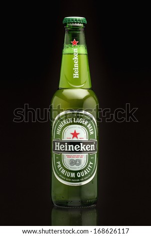SARAJEVO, BOSNIA and HERZEGOVINA - DEC 23, 2013:  Single Bottle of Heineken Premium Lager Beer.Heineken is a premium brand lager beer brewed in Holland by the Heineken Brewing Company.