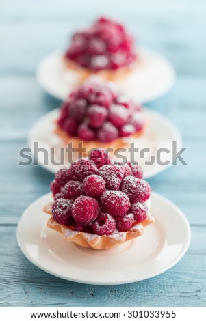 Raspberry tartlets with cream filling and dusted with icing sugar