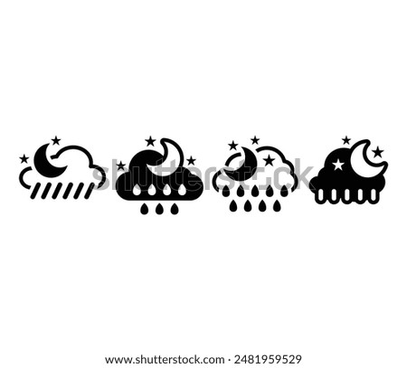 rainy night cloud weather icons symbol vector design simple flat illustration black white color collection set