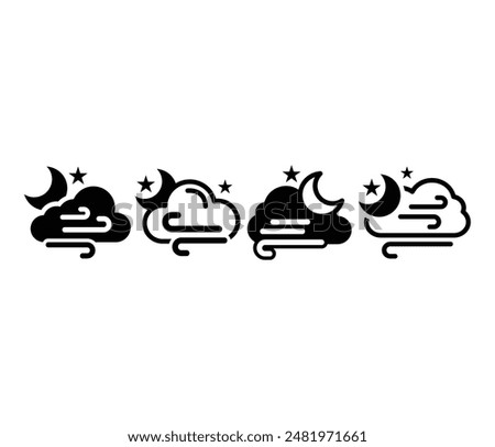 night windy cloud weather with moon icons symbol sign vector design black white color simple modern illustration collection set