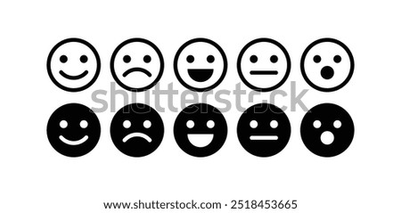 set of smile face cartoon icon vector design black white outline and black fill illustration isolated