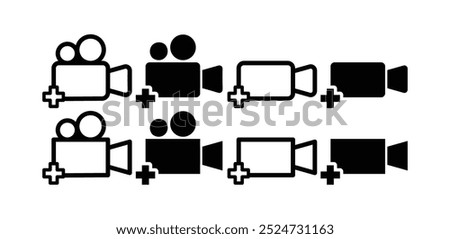 set of add video media plus sign icon vector design simple flat black white color illustration collection isolated