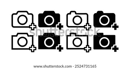 set of add picture photo camera plus icon vector design simple black white color illustration 