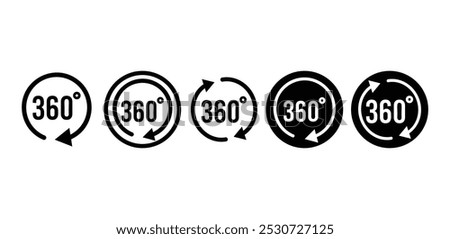 set of rotation arrow 360 degrees icon symbol sign round circle shape vector design black white color illustration collection