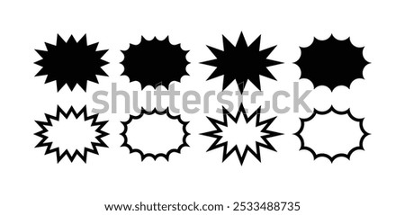 set of starburst star speech bubble symbol icon vector design black white outline black fill illustration collection isolated